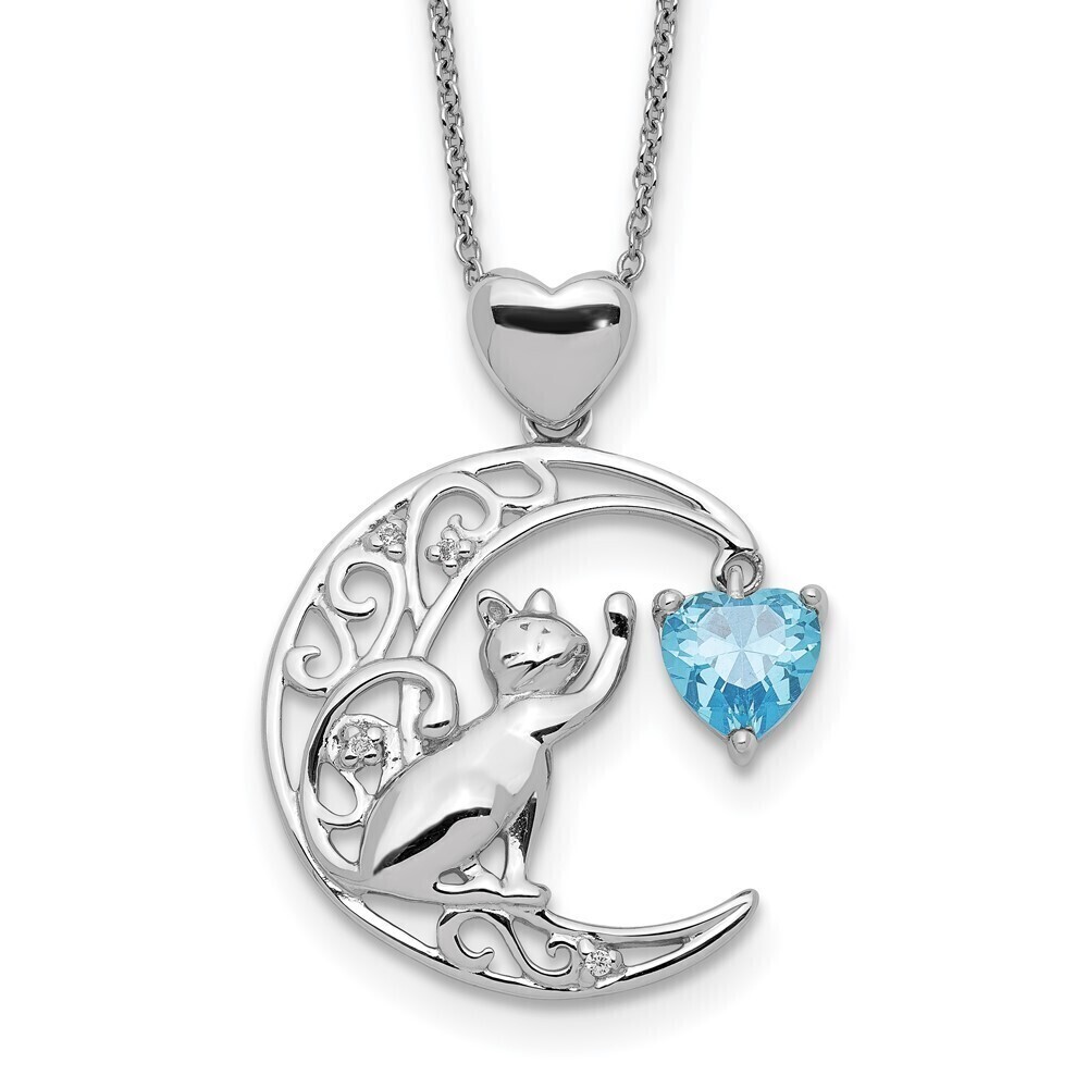Kazi Luxury Sterling Silver Blue and Clear CZ Cat and Moon Necklace